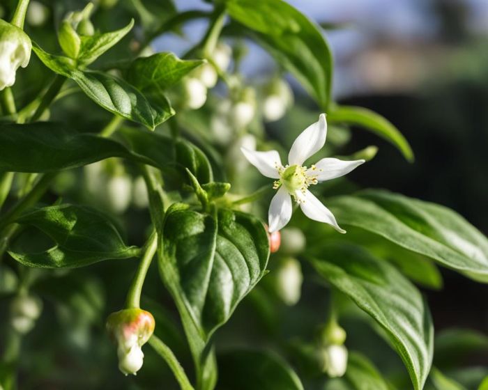 Close-up of a pepper plant flower showcasing its delicate white petals and prominent stamen and stigma, highlighting the natural pollination process essential for fruit development.