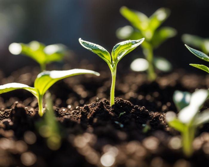 Young pepper seedlings emerging from rich soil, illuminated by sunlight, highlighting the importance of proper light, water, and temperature for healthy growth.