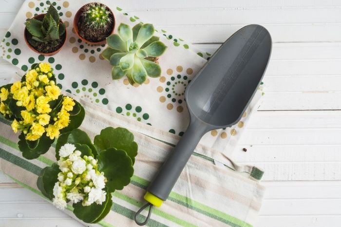 Lightweight plastic and composite trowel placed beside various potted succulents and flowers on a patterned cloth, highlighting the rust-resistant and low-maintenance qualities of plastic and composite trowels, ideal for simple gardening tasks.