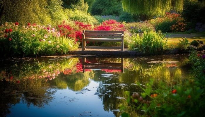 Tranquil garden scene with a bench by a reflective pond, surrounded by vibrant flowers, illustrating how the right water feature can enhance the beauty and serenity of different garden settings.