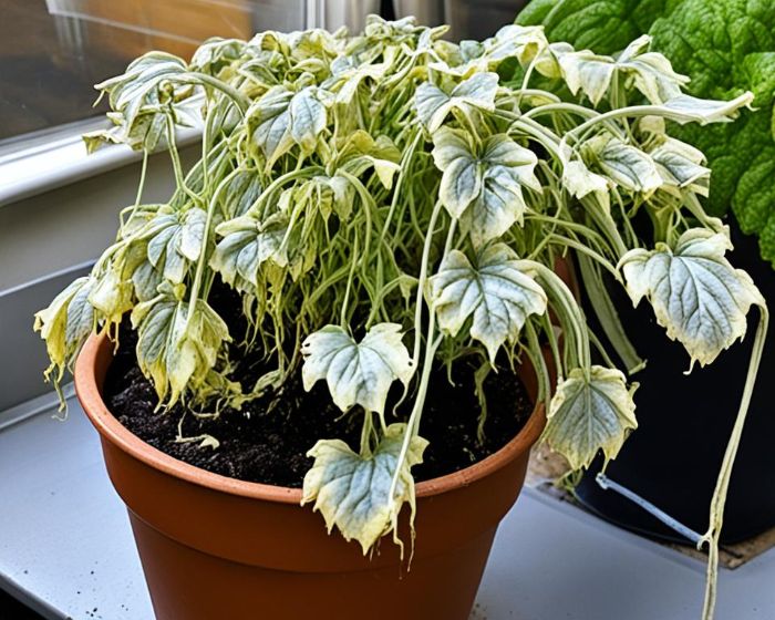 A potted plant with wilted and discolored leaves, illustrating the common signs of overwatering in plants, such as drooping foliage and yellowing leaves.