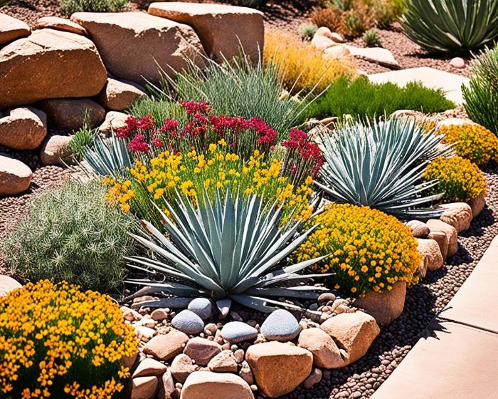 A beautifully landscaped garden with various drought-tolerant plants and rocks, illustrating the use of soil amendments for better moisture retention.