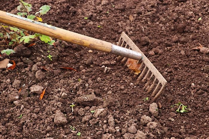 Close-up of a rake working through soil, illustrating the importance of soil texture in gardening, showing a mix of sand, silt, and clay for optimal plant growth.