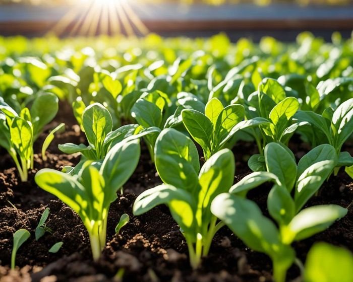 Young spinach plants in a garden exposed to sunlight, illustrating the critical bolting phase triggered by rising temperatures, which prompts the plants to flower and set seeds.