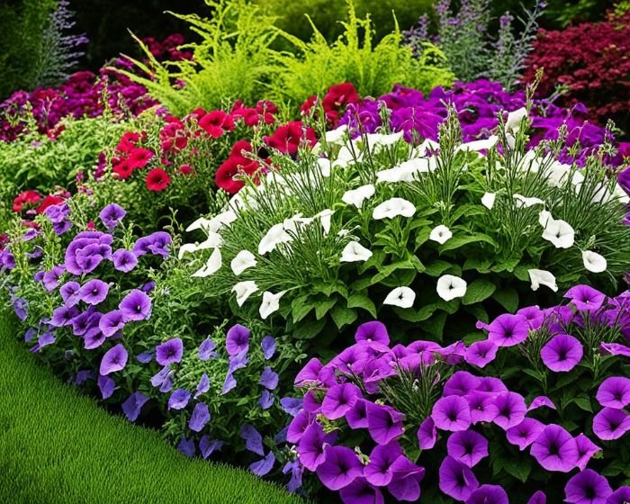 A lush garden bed filled with spreading wave petunias in vibrant shades of purple, red, and white, demonstrating their ability to cover ground and spill out of pots, ideal for creating colorful garden scenes.