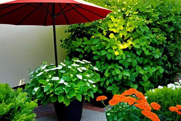 Lush garden corner with a red umbrella providing shade to vibrant greenery and colorful flowers, illustrating effective strategies for protecting plants from intense summer heat.