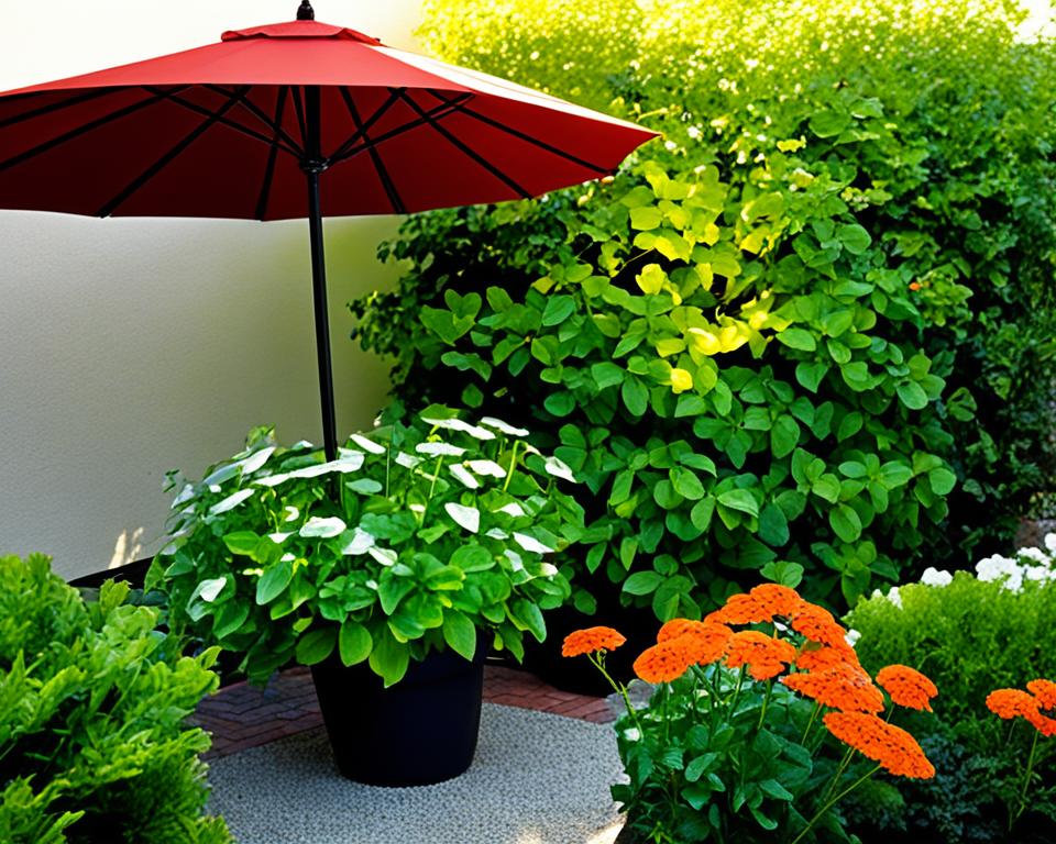 Lush garden corner with a red umbrella providing shade to vibrant greenery and colorful flowers, illustrating effective strategies for protecting plants from intense summer heat.