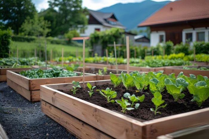 Raised garden beds in a picturesque garden, illustrating techniques to improve soil drainage, such as incorporating organic matter and creating raised beds for better water management.
