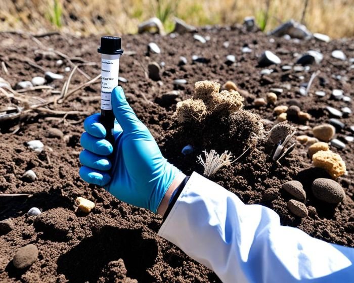 Gloved hand holding a soil pH test kit in a garden, demonstrating the process of testing and adjusting soil pH for optimal rosemary growth.