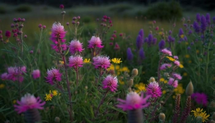 A cluster of bright pink thistle flowers with spiny leaves in a garden setting, highlighting their invasive nature and ability to spread easily through seeds carried by wind, animals, or people.