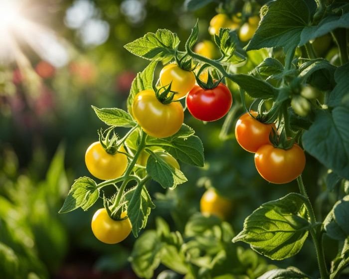Vibrant tomato plants showcasing a mixture of yellow and ripening red tomatoes surrounded by lush green foliage and blossoms, bathed in sunlight, illustrating the flowering stage leading to fruit development.