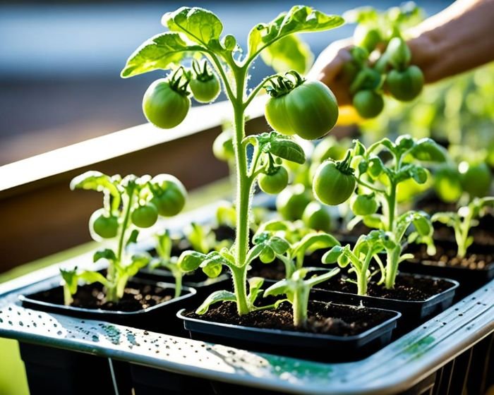 Healthy tomato seedlings growing in pots, each with small green tomatoes and vibrant leaves, representing common challenges and solutions in seedling care. A hand is seen gently touching one plant, illustrating careful nurturing.