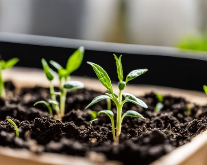 Close-up of young tomato seedlings in rich soil in a wooden planter, illustrating the early stages of growth with vibrant green leaves and a focus on the delicate stem structure.