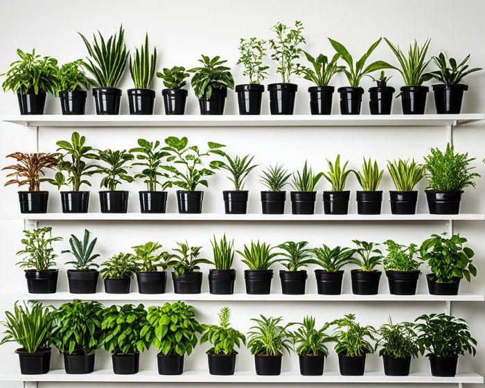 Various potted plants arranged on shelves, illustrating tools and tips for maintaining consistent moisture levels in container gardening.