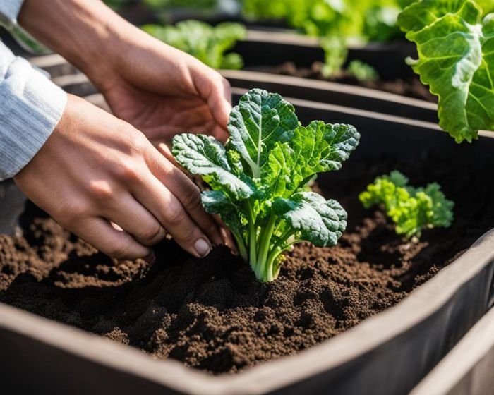 Hands carefully transplanting a young kale plant into a garden bed, emphasizing the careful handling and proper placement of seedlings during the crucial seedling stage of kale growth.
