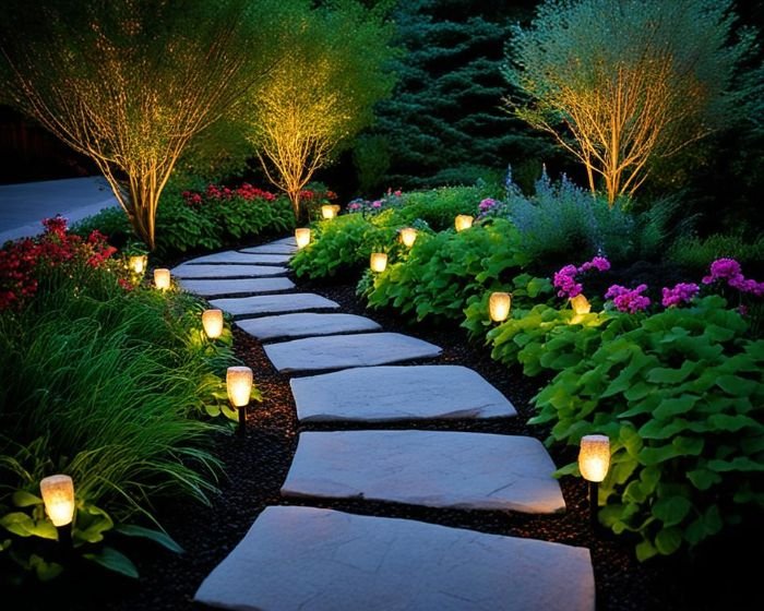 Illuminated garden pathway with pathway lights, showcasing the safety and aesthetic benefits of garden lighting.