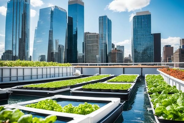 Innovative rooftop aquaponics garden with rows of leafy greens against a backdrop of towering city skyscrapers, highlighting the integration of sustainable agriculture in urban settings.