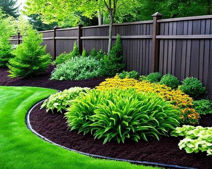 A beautifully landscaped garden with vibrant plants and a fresh layer of mulch, illustrating the use of mulch to retain moisture, prevent weeds, and promote healthy plant growth.