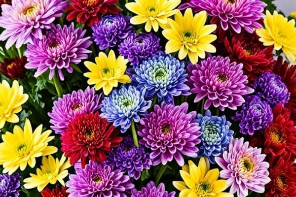 A colorful array of chrysanthemums in shades of red, yellow, purple, and blue, perfect for gardeners looking to choose the right variety for their floral displays.