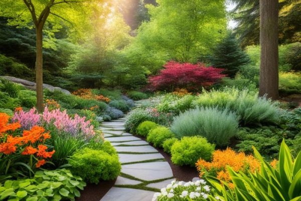 A beautifully landscaped garden with a stone path winding through lush, colorful perennial plants and trees, illustrating the creation of a vibrant shade garden with various perennials.