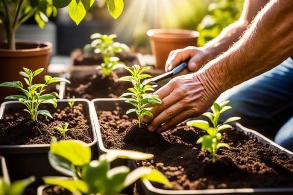 Gardener planting seedlings in containers, illustrating the focus on planting and early growth care in April's action plan.