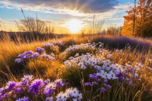 A picturesque meadow of asters in full bloom during autumn, with the sun setting in the background, highlighting the beauty and charm of these starry flowers.