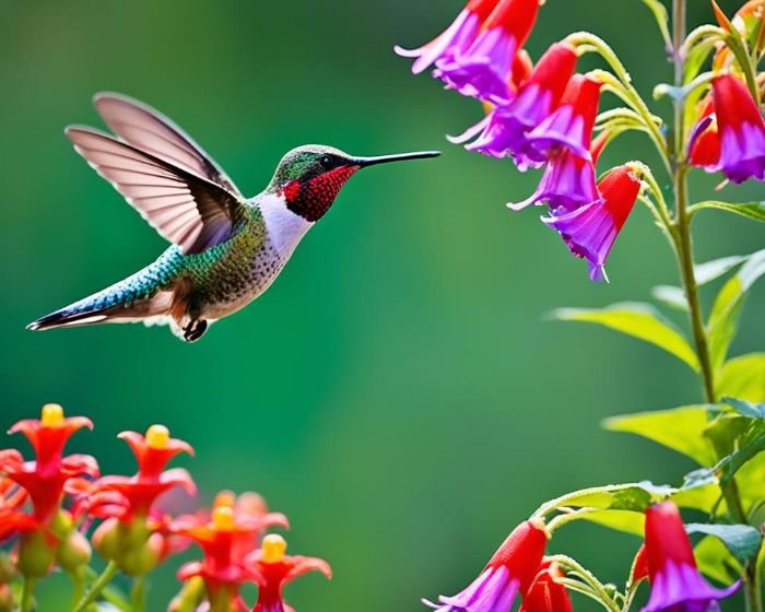Hummingbird feeding on vibrant flowers, illustrating how plant choices can attract wildlife such as birds and butterflies.