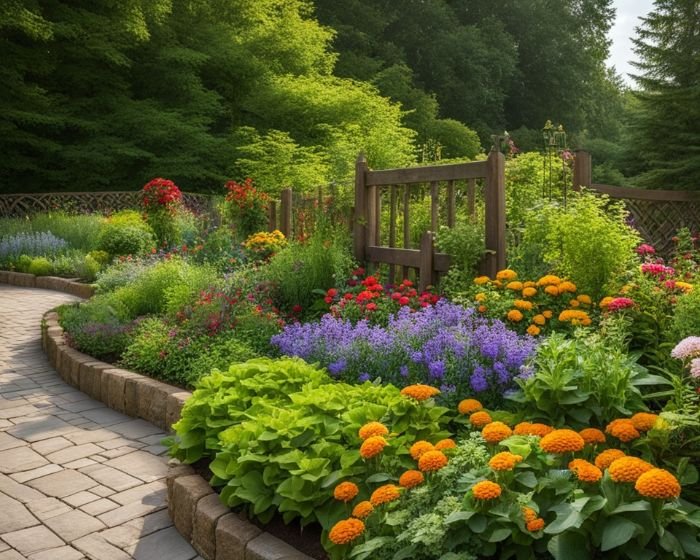 A beautifully balanced garden with a mix of sun-loving and shade-tolerant plants, showcasing the importance of combining different light preferences for visual interest.