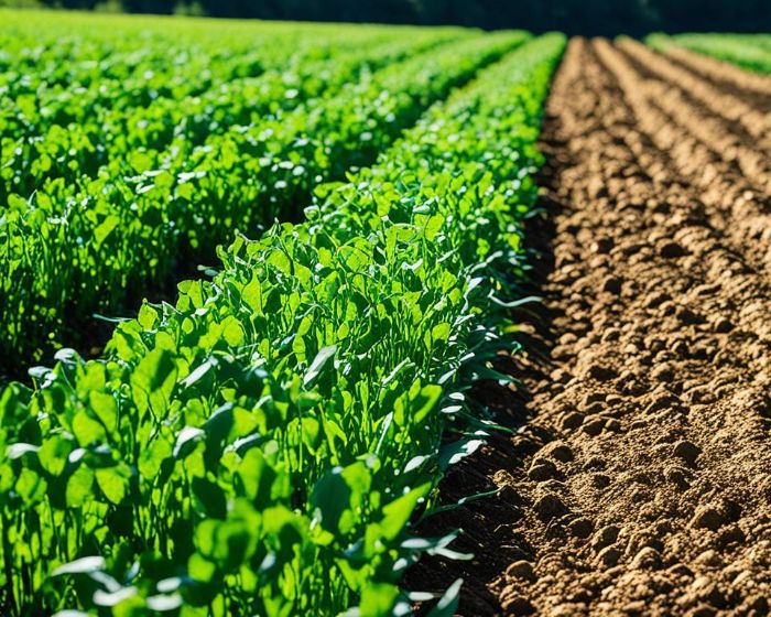 Rows of vibrant green cover crops growing in a field, illustrating the benefits of cover crops in improving soil health and fertility.