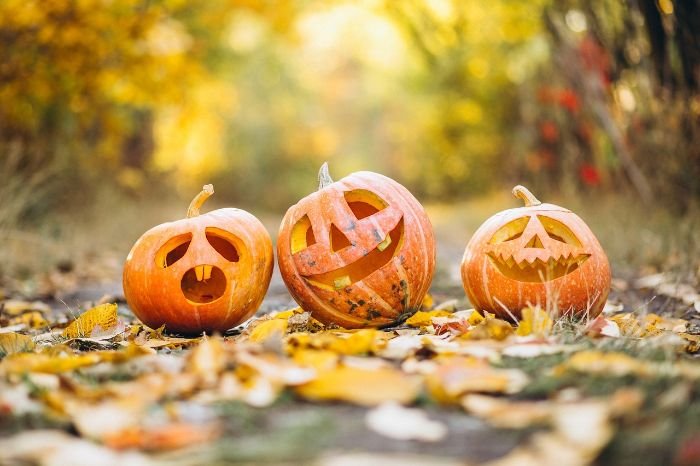 Three carved jack-o'-lanterns with different expressions on a leafy path, illustrating creative uses for pumpkins beyond decorations, such as home decor, festive bowls, and delicious seasonal recipes like pie, soup, and bread.