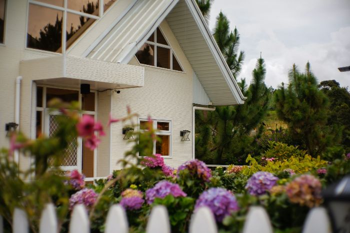 A well-planned garden featuring blooming flowers and young pine trees in front of a modern house, illustrating the importance of designing for plant growth and future garden aesthetics.