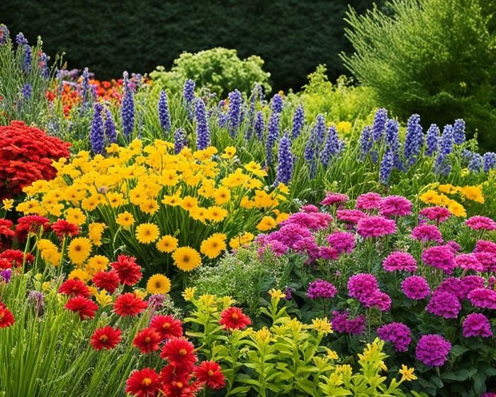 A vibrant summer garden with a variety of colorful flowers including yellow daisies, pink phlox, red zinnias, and purple lupines, showcasing the beauty and diversity of a well-designed summer garden.