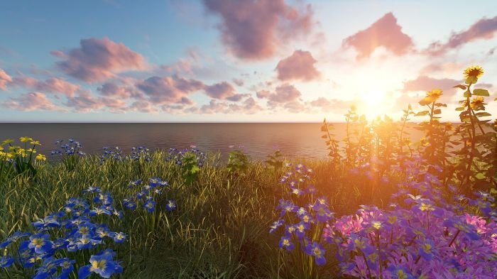 A beautiful coastal garden with blooming flowers and a stunning sunset, symbolizing the beginning of summer gardening and the importance of seasonal care.