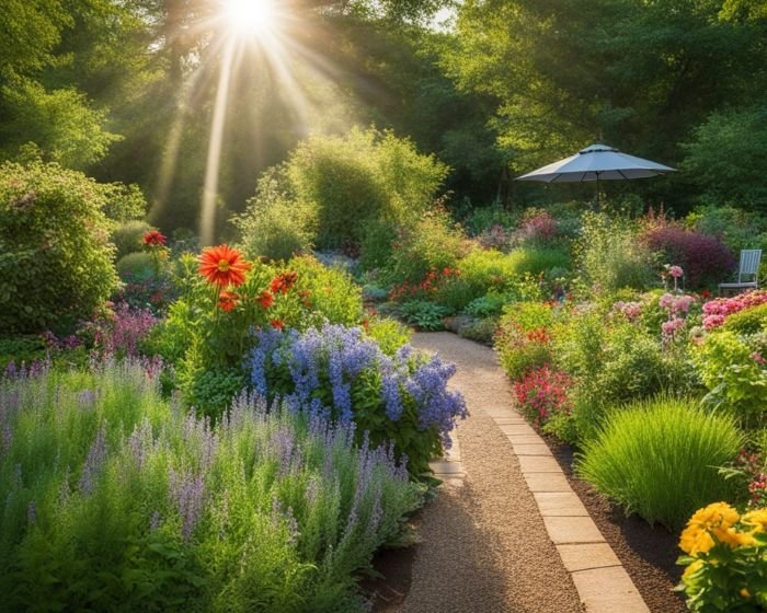 A vibrant summer garden with a variety of blooming flowers and lush greenery, bathed in sunlight, illustrating the essence of summer care in a June gardening guide.