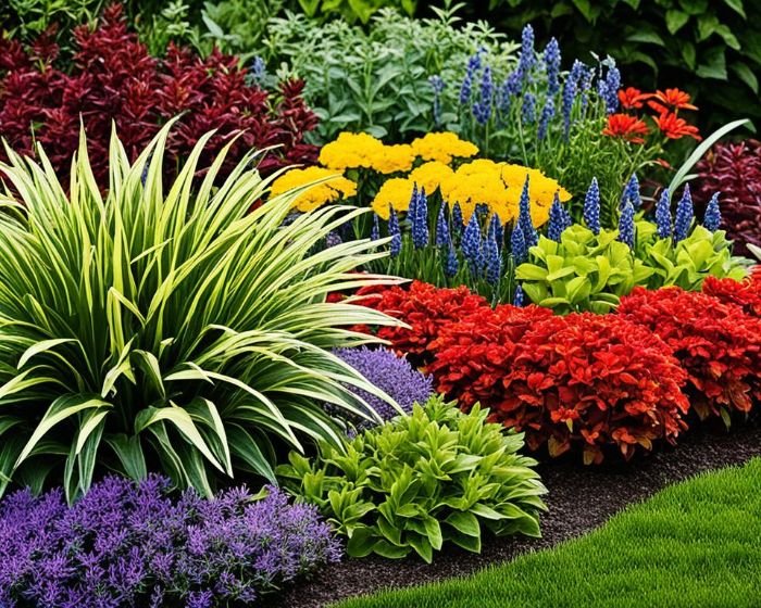 A vibrant garden with layered plantings, featuring perennials of various heights and textures, creating visual interest with tall plants in the back and short ones in the front, along with a mix of colorful flowers that bloom at different times.