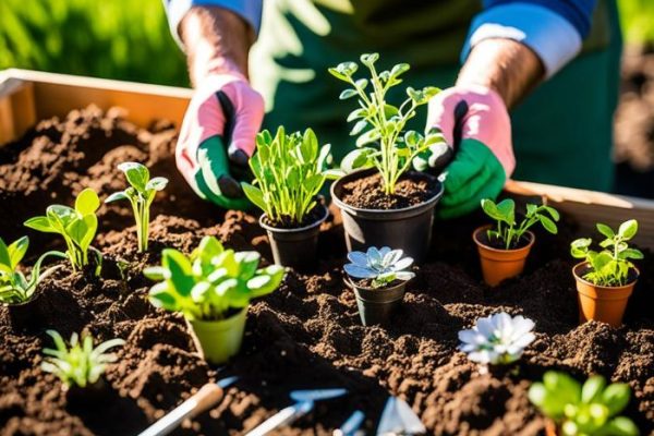Gardener planting young plants in soil, representing various gardening tasks in March to prepare for spring.