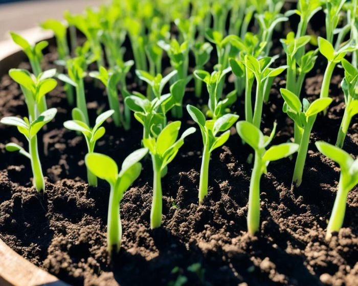 Young pea seedlings growing in soil, illustrating the optimal conditions for pea seed germination.