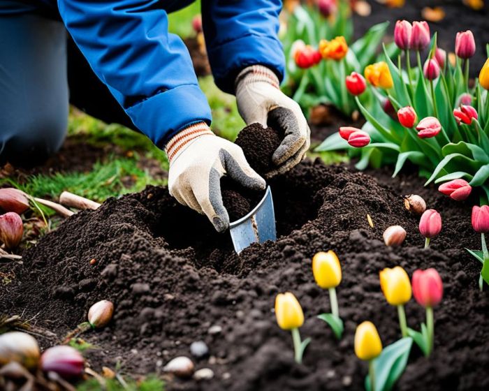 Gardener planting bulbs in the soil surrounded by blooming tulips, illustrating tips for ensuring healthy spring blooms such as fertilizing, proper watering, and protecting from pests and diseases.