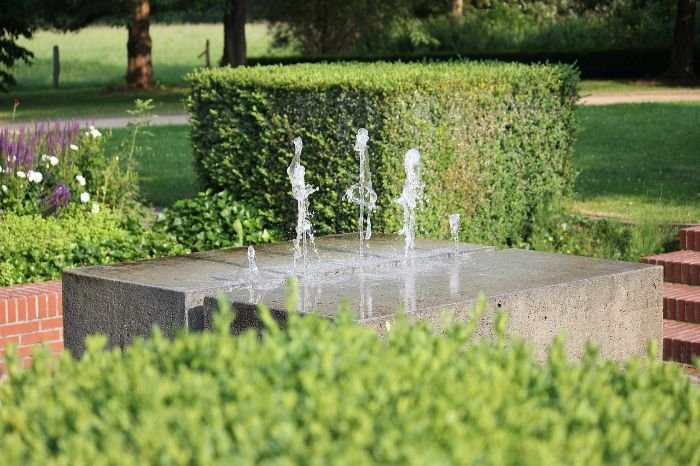 A well-maintained garden with neatly trimmed boxwood hedges and a water feature, demonstrating the importance of regular pruning and shaping for healthy and aesthetically pleasing boxwoods.
