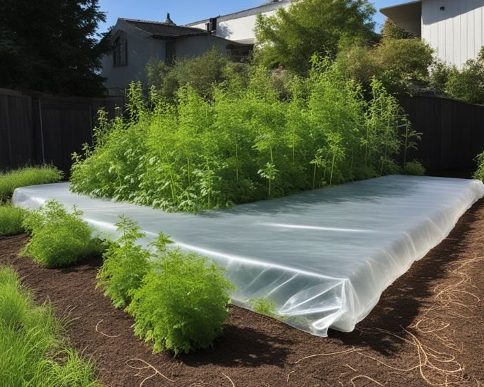 Garden plot covered with a clear plastic sheet for soil solarization, a non-chemical method of weed control, showcasing healthy green plants around the covered area.