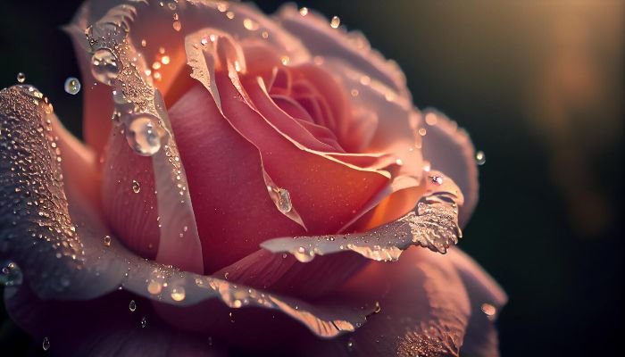 A close-up of a dewy rose, exemplifying sun-loving shrubs and vines in a garden.