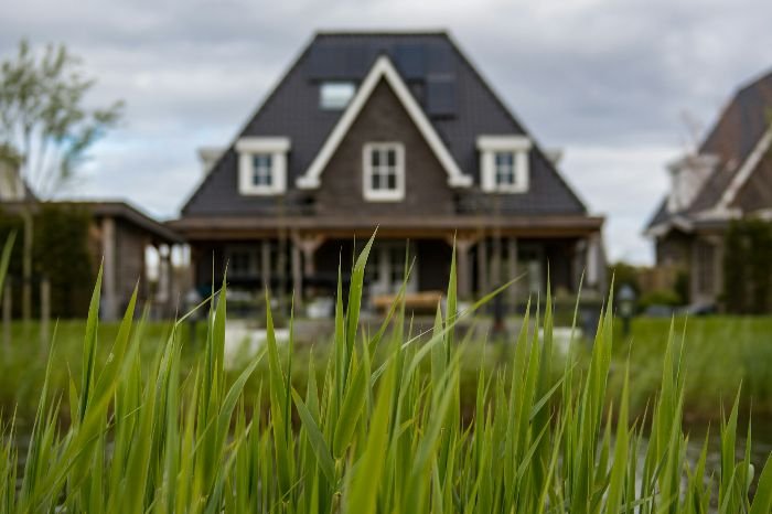 Close-up of healthy green grass with a sustainable home in the background, representing sustainable soil management practices.