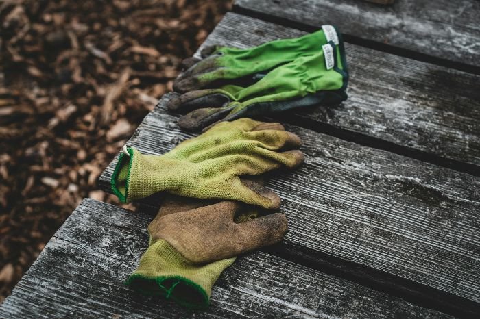 A pair of green gardening gloves placed on a wooden table, representing the various types of gardening gloves available for different needs, such as durability, comfort, and chemical resistance.