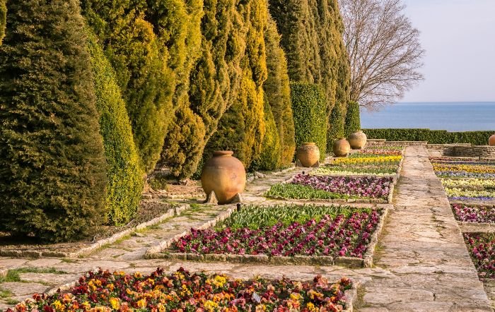 A beautifully landscaped garden featuring wind-resistant plants, including neatly trimmed hedges and hardy flowers, set against a backdrop of open skies and a distant view of the sea.