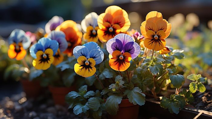 A vibrant display of pansies basking in the sunlight, exemplifying the use of colorful, resilient plants to maintain year-round interest in a garden.