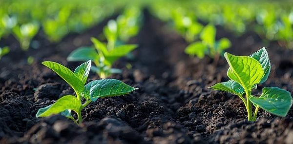 Young green plants growing in nutrient-rich soil, illustrating advanced soil management techniques tailored to meet plant needs for optimal growth.