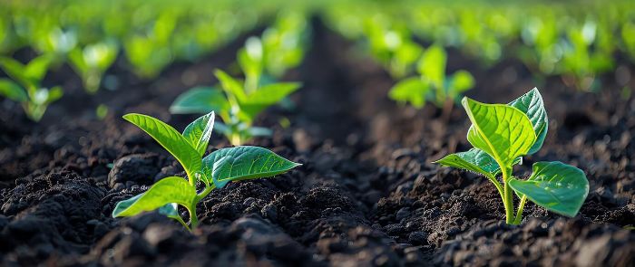 Young green plants growing in nutrient-rich soil, illustrating advanced soil management techniques tailored to meet plant needs for optimal growth.