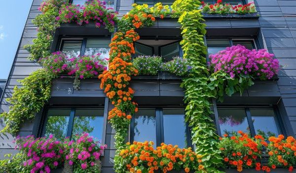 Vibrant vertical garden on a modern building showcasing basic landscape design principles for home gardeners.
