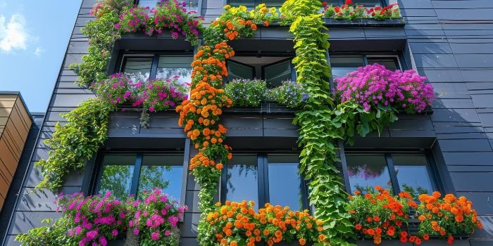 Vibrant vertical garden on a modern building showcasing basic landscape design principles for home gardeners.