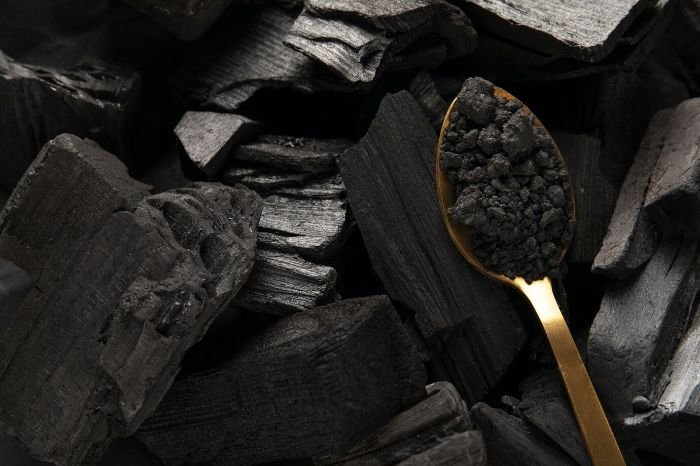 Close-up of biochar chunks with a spoonful of biochar powder, illustrating its role in sustainable agriculture and environmental care.